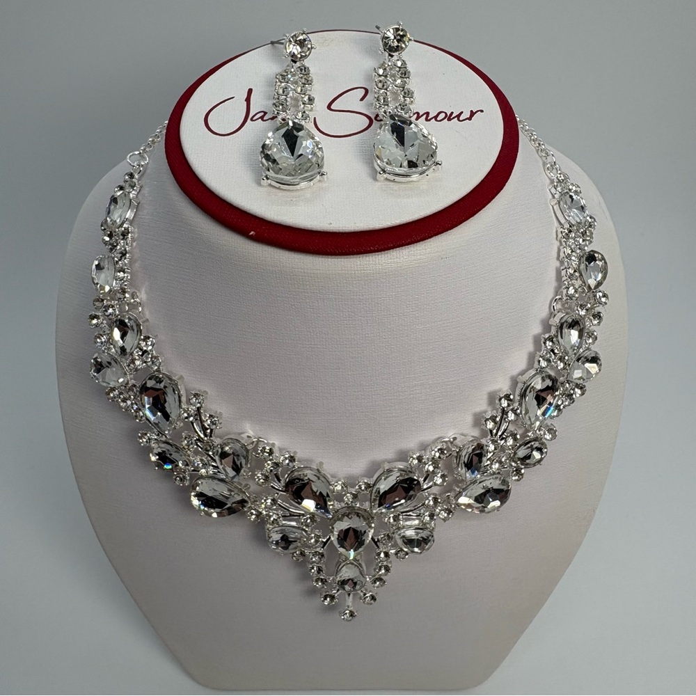 Clear Crystal Bib Statement Necklace and Earring Set For Bridal Prom Pageant